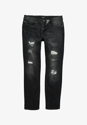 Schwarze Denim-Jeans im Slim-Fit mit verschiedenen abgeriebenen Stellen und ausgefransten Patches. Klassisches Fünf-Taschen-Design mit Reißverschluss.