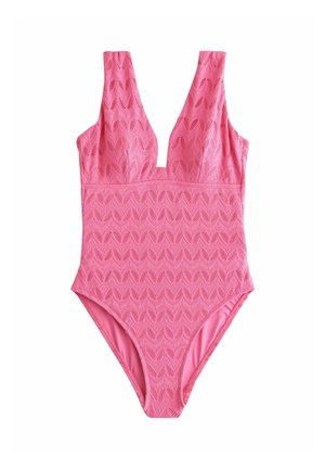 Pink one-piece swimsuit featuring a textured wave pattern, deep V-neckline, and wide straps, with a smooth inner lining.