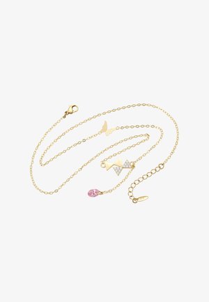 Kultaketju, jossa on geomarealiset riipukset: perhonen, kolmionmuotoisia esineitä ja vaaleanpunainen jalokivi, säihkeä koristelu. Kynsi-lukko.