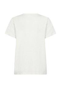 Camiseta blanca de manga corta hecha de tejido suave, con cuello redondo y corte recto, sin ningún patrón ni acentos visibles.