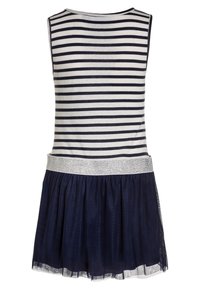 Vestido sin mangas a rayas azul marino y blanco con una cinturilla plateada y una falda de tul en capas. Tejido ligero con una textura suave.