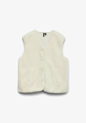 Gilet senza maniche in pile di colore crema con bottoni a pressione frontali e due tasche laterali, steso su uno sfondo bianco.