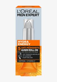Roll-on pour les yeux Hydra Energy de L'Oréal Men Expert, bouteille cylindrique grise, capuchon transparent, accents orange, et texte noir sur un emballage bleu.