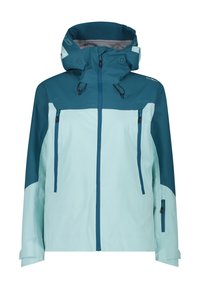 Vandtæt jakke i to nuancer, teal og lys blå. Har justerbar hætte, frontlynlåse og kontrasterende detaljer. Glat tekstur.
