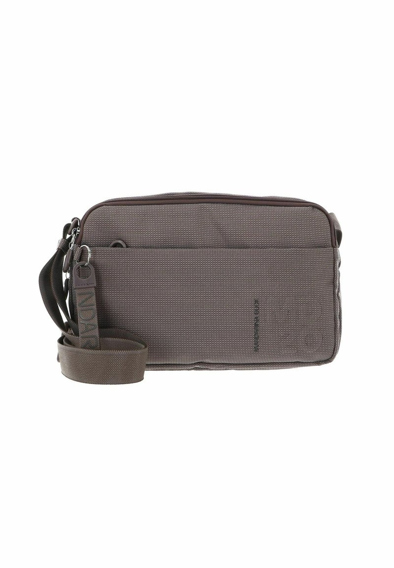 Borsa rettangolare grigia realizzata in tessuto testurizzato, con chiusura zip, tracolla regolabile e un marchio discreto sulla parte anteriore.