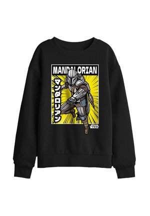 Schwarzer Sweatshirt mit einer stilisierten Mandalorian-Figur in Rüstung mit Jetpack, gelbem Explosionshintergrund und Text in Englisch und Japanisch.
