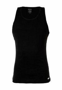 Czarny top na ramiączkach wykonany z bawełny, z okrągłym dekoltem i bez rękawów. Gładka tekstura z małym logo przy dolnym brzegu.