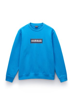 Blaues Sweatshirt in einfarbig mit Rundhalsausschnitt, ausgestattet mit einem rechteckigen Logopatch in kontrastierenden Farben auf der Brust. Weiche Textur.
