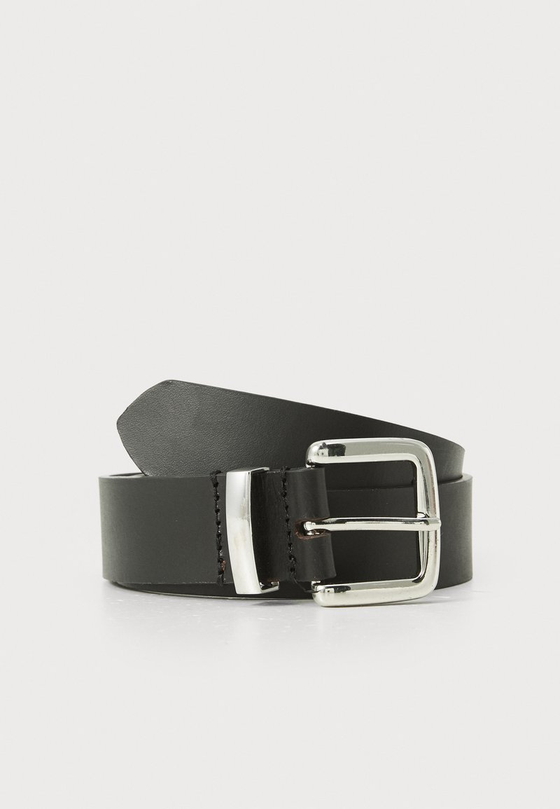 Black leather belt with a silver metal buckle, featuring a smooth texture and straight shape, with a stitched edge detail.