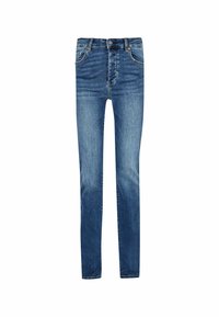 Jean en denim bleu coupe slim avec bouton à l'avant, fermeture éclair, et design classique à cinq poches, présenté sur un fond blanc.