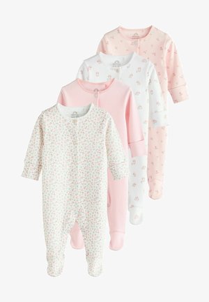 Quattro tutine per neonati realizzate in morbido cotone, disponibili in vari colori pastello. Le caratteristiche includono motivi floreali e righe, chiusure a pressione e design con piedi.