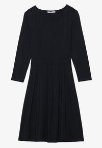 Black dress with long sleeves, round neck, and a pleated skirt. Made from soft fabric, it features a simple and classic design.