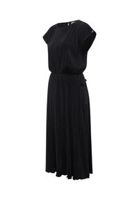 Robe midi plissée noire avec manches courtes, encolure ronde et lien latéral à la taille pour ajustement.