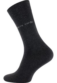 Black cotton sock featuring a smooth texture, ribbed top, and printed logo "pierre cardin" in white on the side.