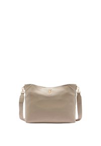 Borsa a tracolla rettangolare beige con logo dorato e tracolla removibile con testo in rilievo.