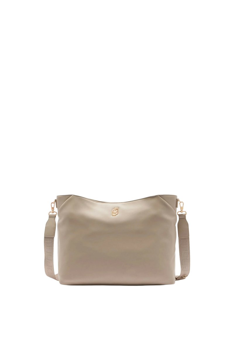 Borsa a tracolla rettangolare beige con logo dorato e tracolla removibile con testo in rilievo.