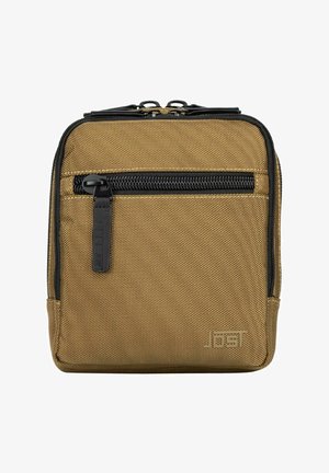 Petite pochette rectangulaire en tissu beige avec une poche à fermeture éclair noire à l'avant et une double fermeture éclair sur le dessus.