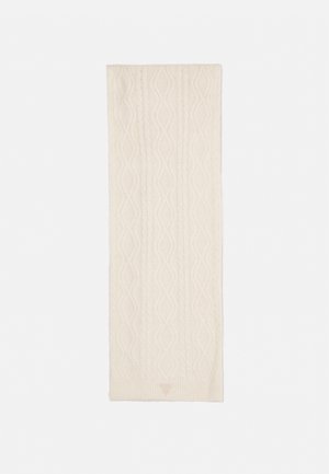 Sciarpa a maglia a trecce di colore crema. Presenta un motivo testurizzato con design a onde intrecciate. Materiale morbido a maglia con bordo a costine.