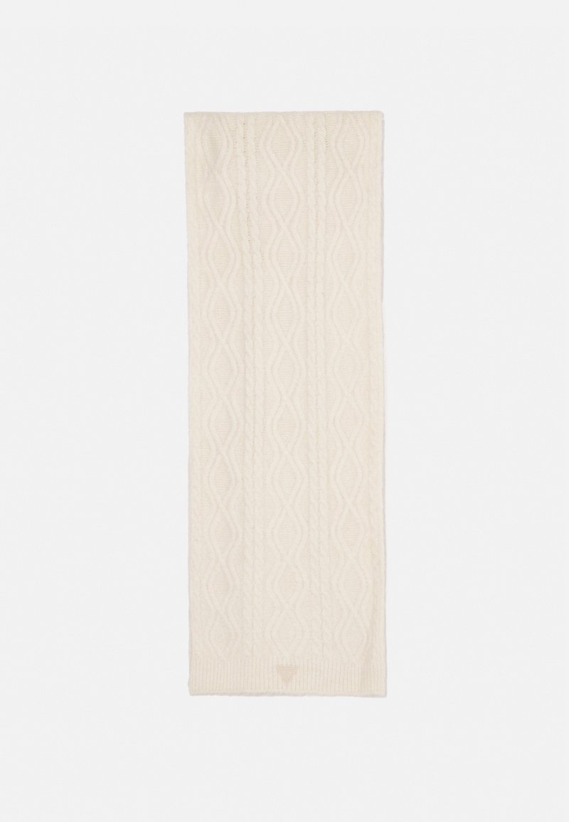 Sciarpa a maglia a trecce di colore crema. Presenta un motivo testurizzato con design a onde intrecciate. Materiale morbido a maglia con bordo a costine.