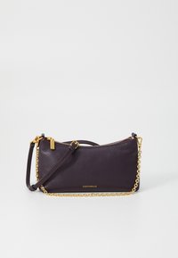 Purple leather clutch with a textured finish, gold chain strap, and zip closure. Brand name embossed on the front. Compact, rectangular shape.