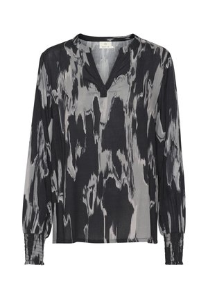 Lange mouw blouse in zwart en grijs ikat patroon, lichtgewicht stof, V-hals, gesmockte manchetten, relaxte pasvorm.