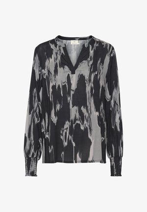 Lange mouw blouse in zwart en grijs ikat patroon, lichtgewicht stof, V-hals, gesmockte manchetten, relaxte pasvorm.