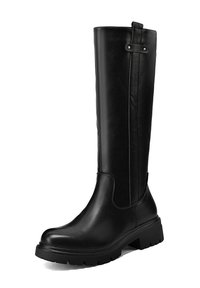 Stivali neri al ginocchio realizzati in pelle liscia, con suola robusta, tacco leggero e una cintura decorativa con un'applicazione di metallo.