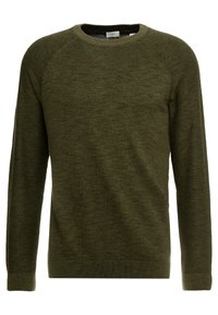 Olivengrüner Pullover aus strukturiertem Strickstoff, mit Rundhalsausschnitt, langen Raglanärmeln sowie gerippten Bündchen und Saum.