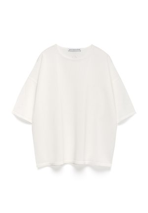 T-shirt bianco a maniche corte, realizzato in tessuto testurizzato, con scollatura rotonda e vestibilità comoda, senza motivi o dettagli visibili.
