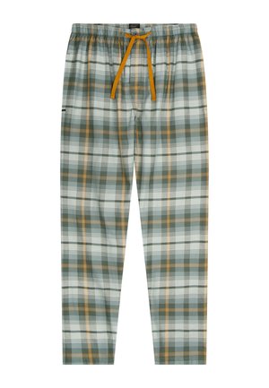 Pantaloni lounge a quadri in verde, bianco e senape, con cintura elastica, cordino regolabile e vestibilità comoda.
