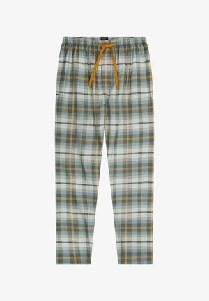 Plaid lounge pants in green, white, and mustard, featuring an elastic waistband, adjustable drawstring, and a relaxed fit.