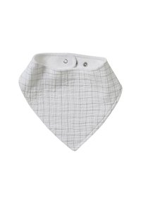 White baby bib with black grid pattern and two snap buttons for closure.