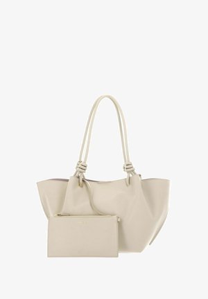 Sac fourre-tout en cuir beige avec poignées doubles nouées et pochette assortie à fermeture éclair, conçu pour un usage quotidien et un style élégant.