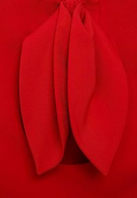 Top in tessuto rosso con un evidente dettaglio a fiocco sul collo, caratterizzato da una consistenza liscia e una leggera lucentezza. Apertura rotonda sotto il fiocco.