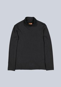 Schwarzes langärmeliges Rollkragen-Shirt aus glattem Stoff, mit hohem Kragen und geradem Schnitt. Etikett im Nacken sichtbar.