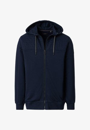 Marineblauer Kapuzenpullover mit Reißverschluss, ausgestattet mit verstellbarer Kapuze, strukturierten Einsätzen an den Schultern sowie gerippten Bündchen an Ärmeln und Saum. Weiche Stoffqualität.