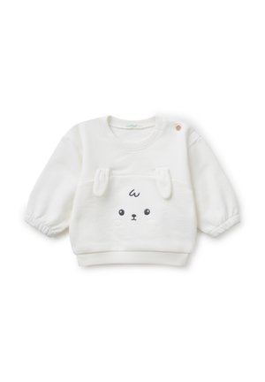 Biały sweterek niemowlęcy z długim rękawem, elastycznymi mankietami, małym guzikiem na ramieniu oraz uroczym haftowanym króliczym pyszczkiem z opadającymi uszami na przodzie.