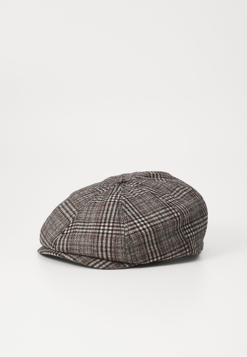 Gray plaid cap made of woven fabric, featuring a rounded top, small curved brim, and distinct check patterns with hints of red accents.