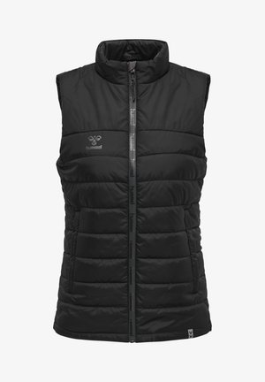 Schwarze Pufferweste aus Nylon mit hohem Kragen, Frontreißverschluss und horizontalem Steppmuster. Mit dezentem Logo-Detail.