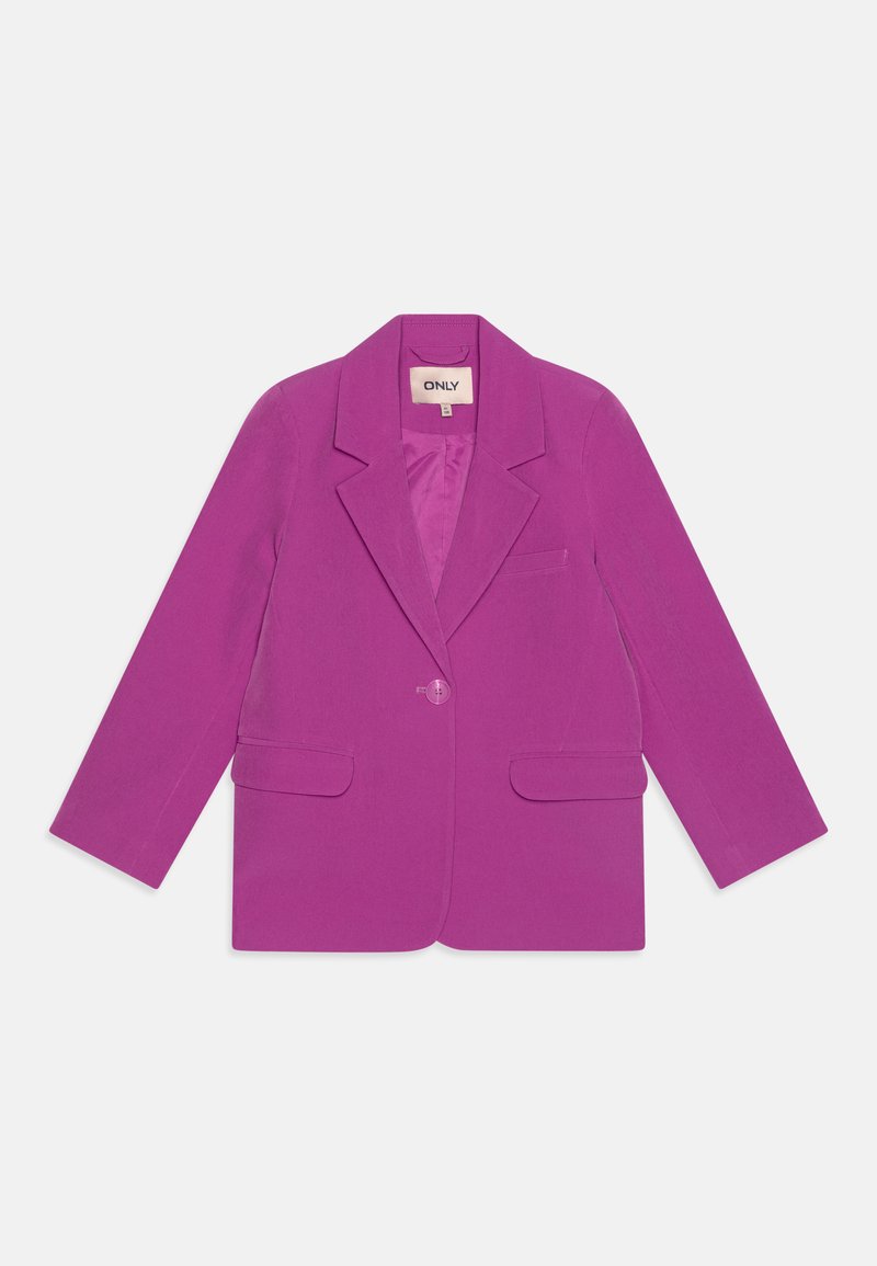 Lilla bleiser, millel on üks nupp, soonilised krae, kaks esikotit ja sile tekstuur. Voodriga sisemus, millel on peen läige.