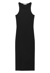 Robe longue sans manches noire avec décolleté rond et silhouette ajustée, présentée sur un fond blanc.