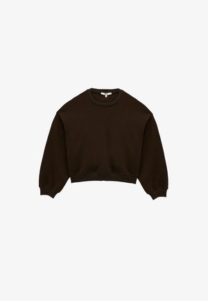 Brun cropped sweatshirt med raglanærmer og ribbet halsudskæring og kant, lavet af blødt, åndbart materiale.