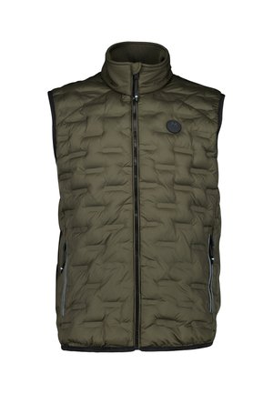 Olijfgroene doorgestikte mouwloze bodywarmer met ritssluiting aan de voorkant, hoge kraag, zijritszakken en ronde zwarte logopatch op de borst.