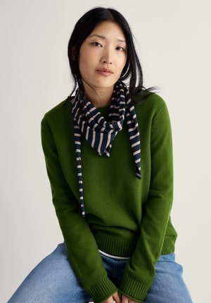 Roheline kootud kampsun soonikkoes varrukate ja äärega, sobitatud triibulise tumesinise-valge salliga. Taust on neutraalse värvusega.