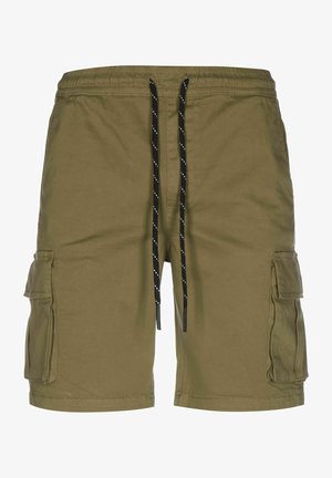 Pantaloni cargo di colore verde oliva con vita elastica, cordoncino nero e tasche cargo laterali. Realizzati in tessuto leggero.
