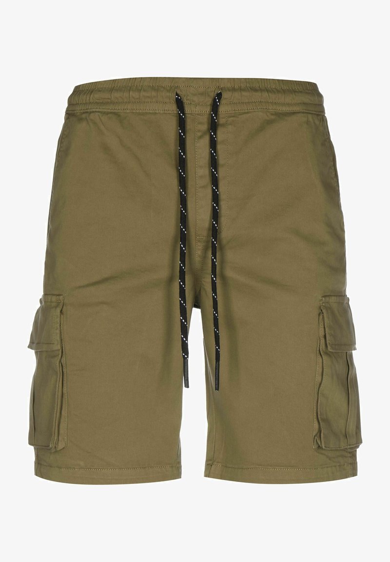 Shorts cargo vert olive avec une taille élastique, un cordon noir, et des poches cargo sur les côtés. Fabriqués à partir d'un tissu léger.