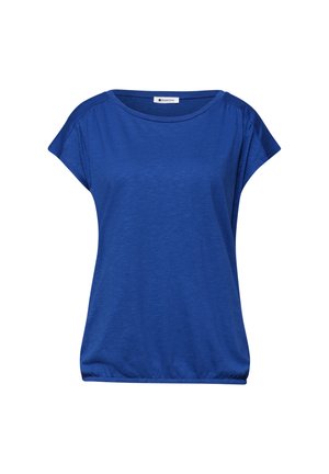 Top décontracté bleu manches courtes pour femmes avec encolure ronde et ourlet élastique, étiqueté "Street One."