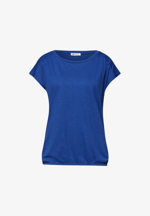 Top décontracté bleu manches courtes pour femmes avec encolure ronde et ourlet élastique, étiqueté "Street One."