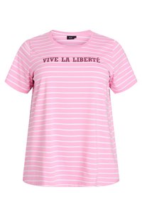 Roze gestreept T-shirt van zachte stof, met korte mouwen en een ronde hals, met de tekst "VIVE LA LIBERTÉ" in kastanjebruin over de borst.