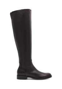Stivali neri in pelle al ginocchio con una superficie liscia, punta arrotondata e tacco basso a blocco, caratterizzati da dettagli di cucitura minimalisti.